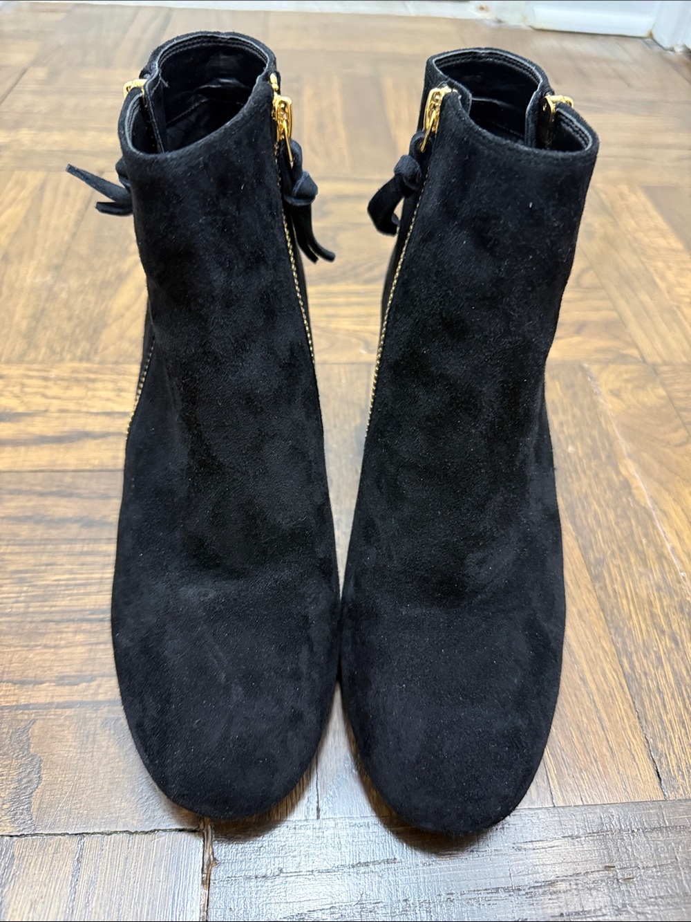 Cole Haan Black Suede Ankle Booties with Gold Hardware
